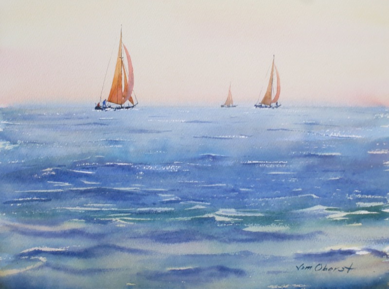 seascape, ocean, sea, boat, sailboat, oberst, watercolor